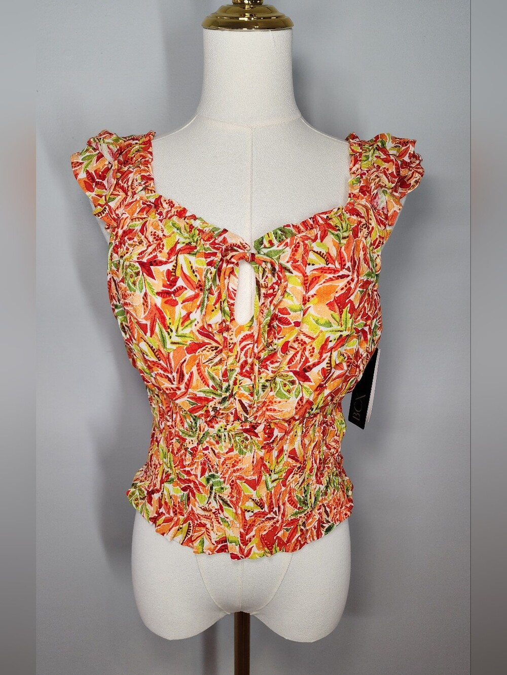 Camisole Smocked Bodice Crop Top Ruffle Neckline Floral Print Size L